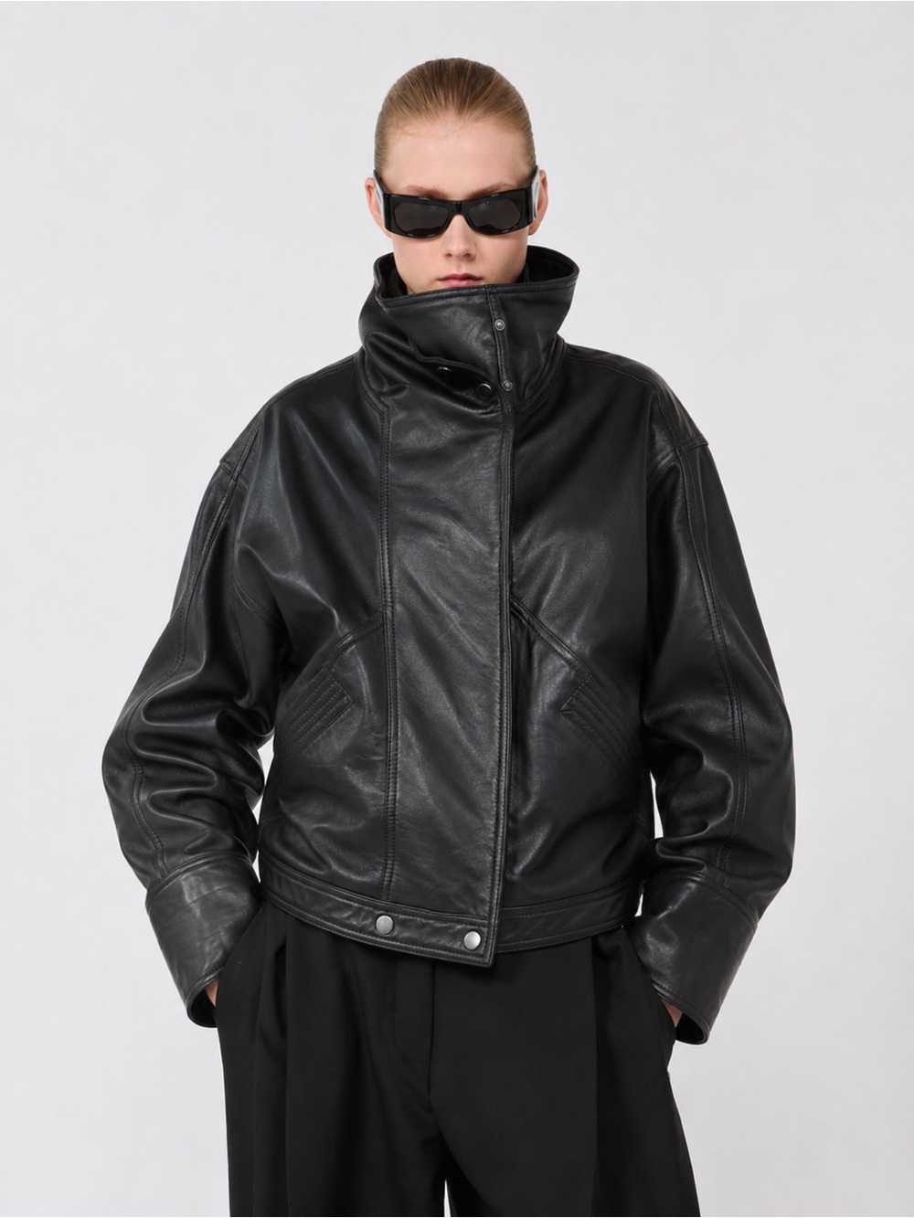 Zara Black 100% Sheep Genuine Leather Oversized Moto Bomber Jacket 80s Sz M